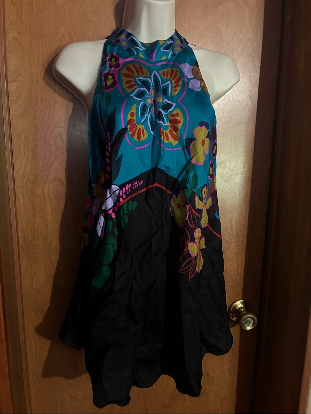 Teal & Black Floral Halter Top Silk